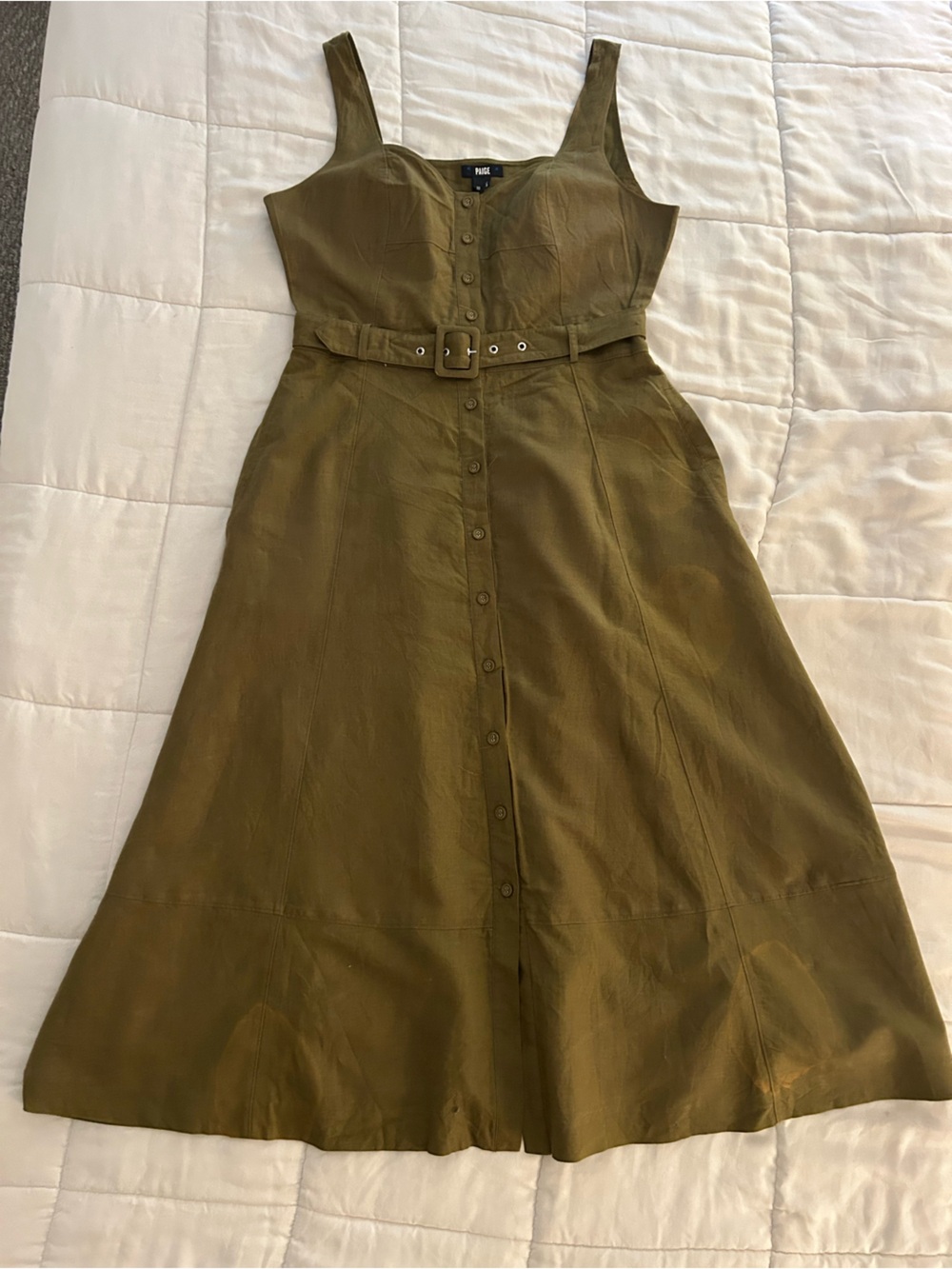 PAIGE Olive Green Button-Front Belted Midi Dress
